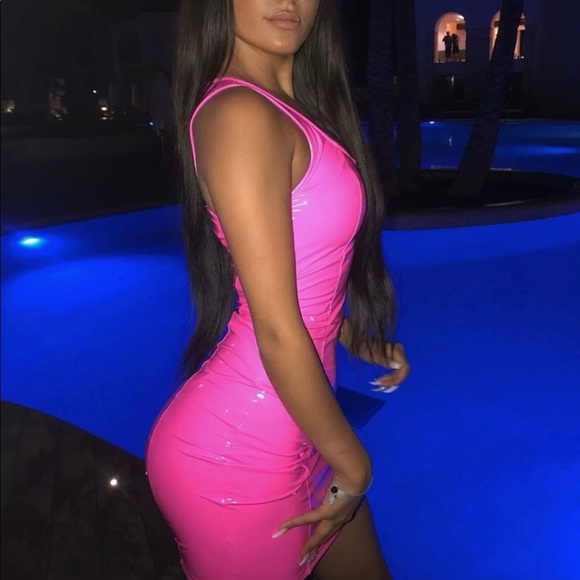 Dresses & Skirts - Neon Pink Wetlook Vinyl PU ScoopNeck Bodycon Dress